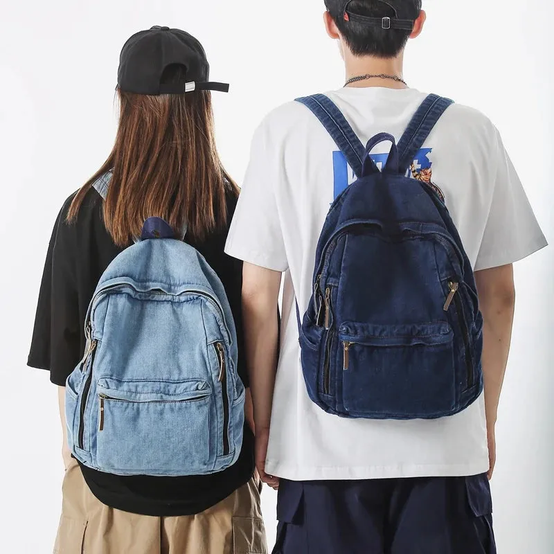 Sohiwoo Washed Denim Multi Pocket Backpack Fashion Vintage Women's Backpack Men Leisure Student School Bags Trendy Cool Travel Book Bag