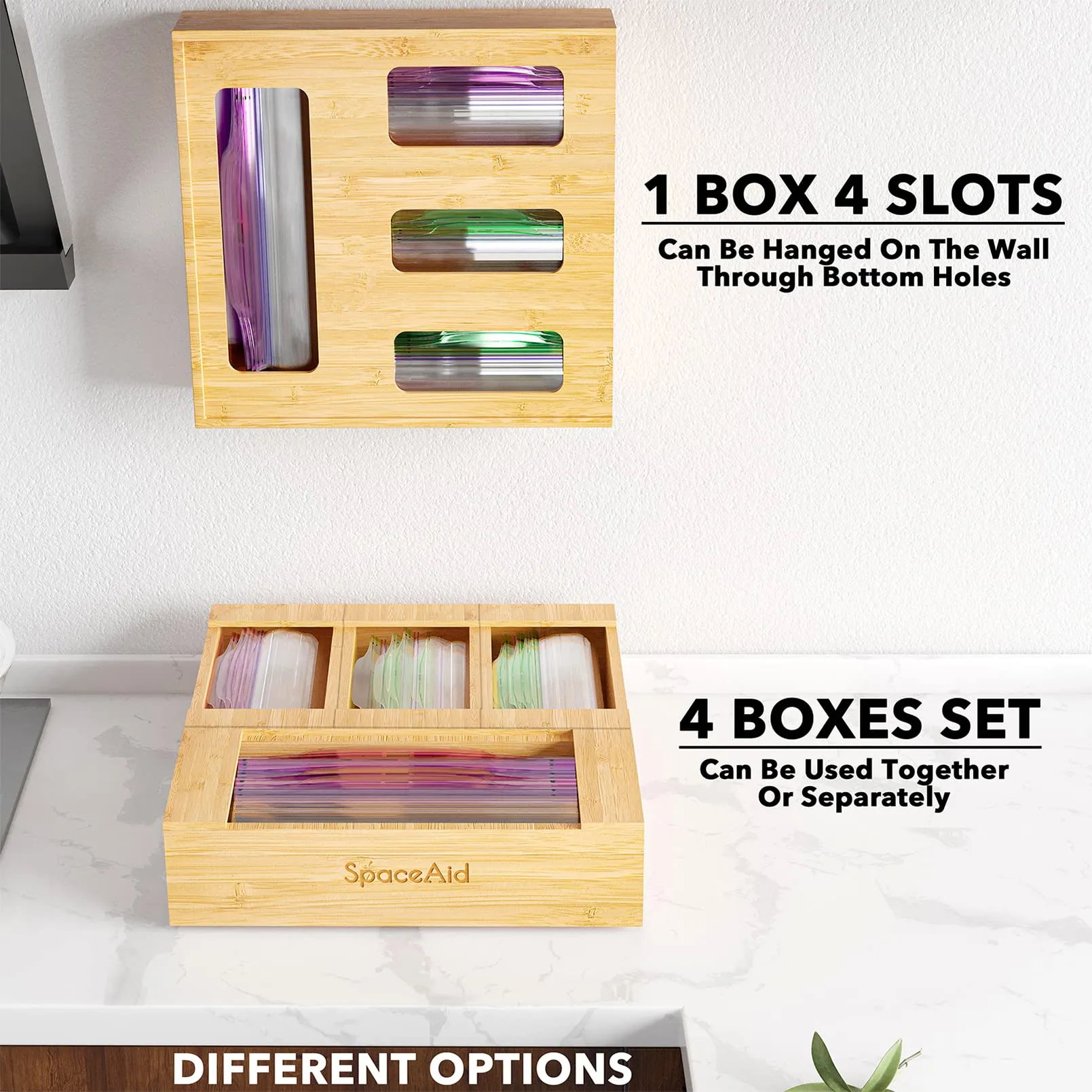 SpaceAid Bag Storage Organizer for Kitchen Drawer, Bamboo Organizer, Compatible with Gallon, Quart, Sandwich and Snack Variety Size Bag (1 Box 4 Slots)