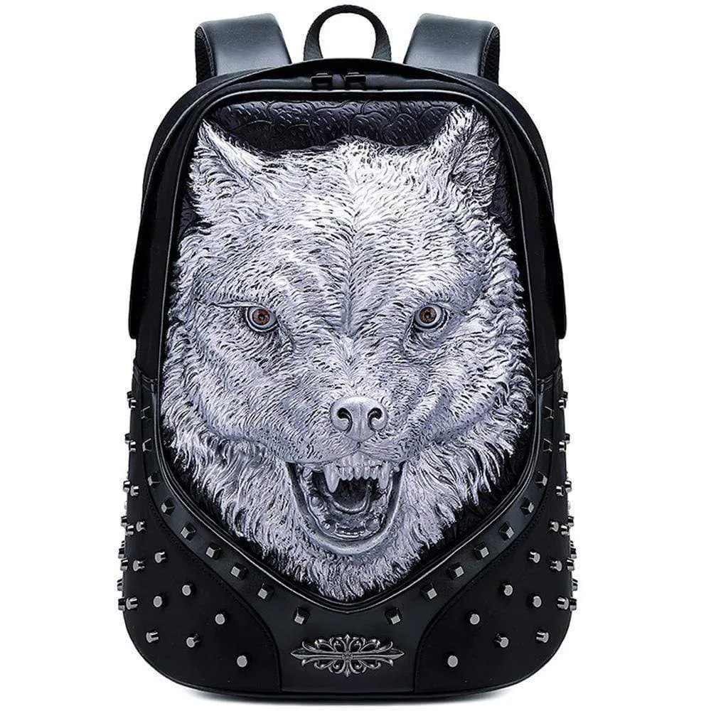 Studded Backpack Unisex 3D Angry Wolf PU Leather Casual Laptop Rivet Large Fashion Backpack