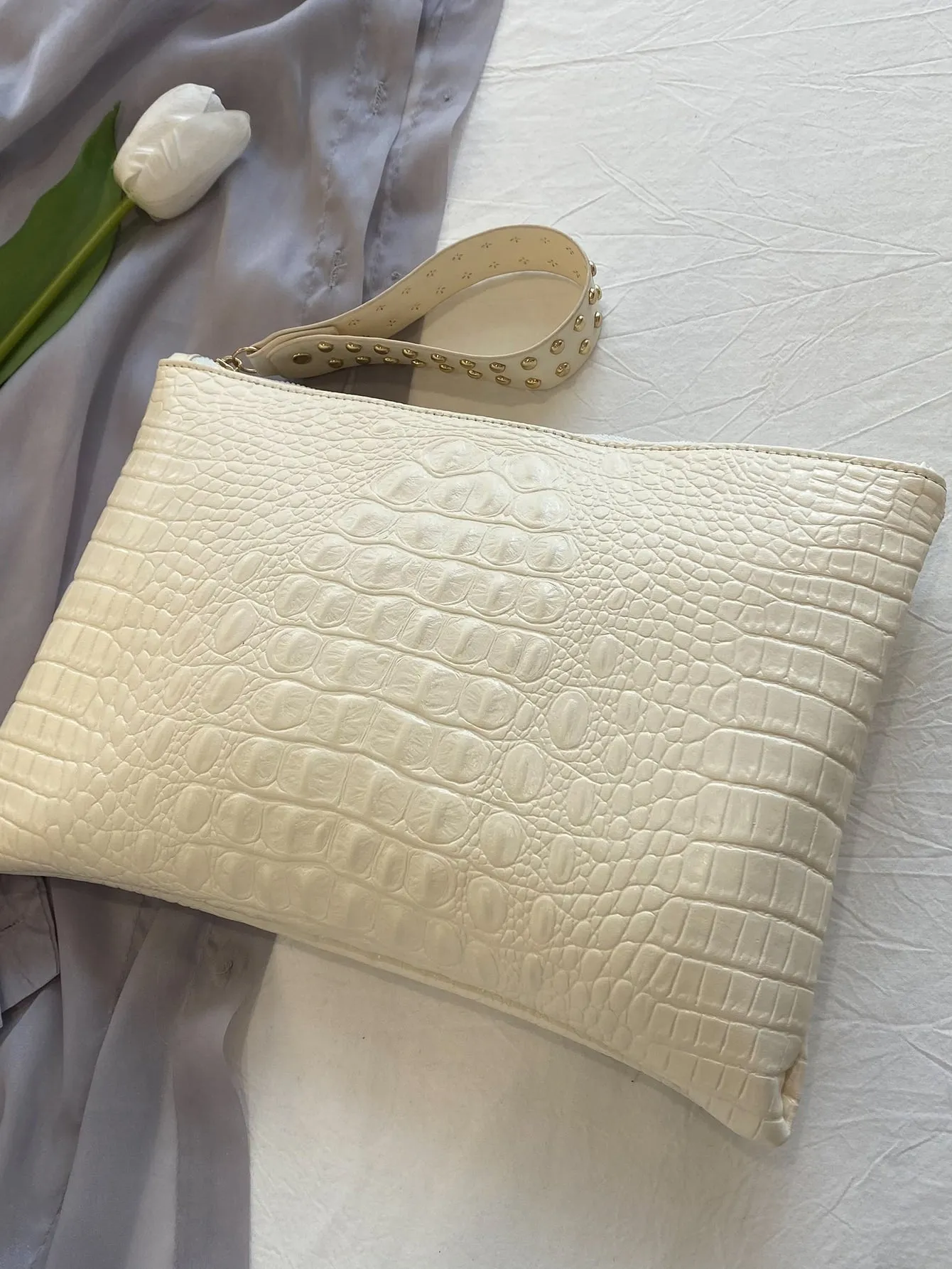 Studded Decor Croc Embossed Clutch Bag