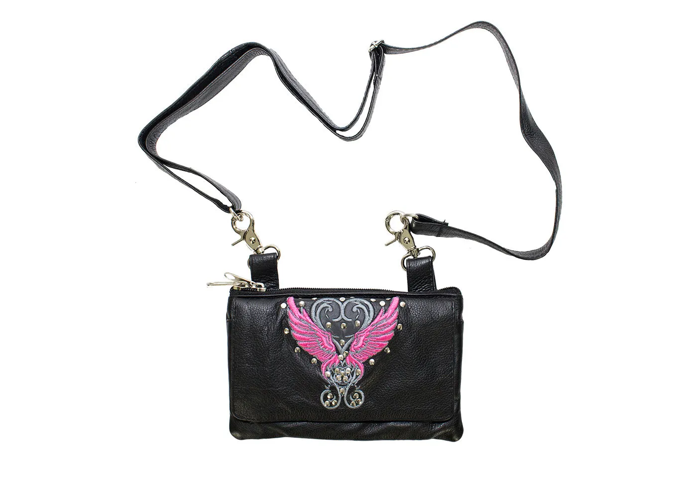 Studded Naked Cowhide Leather Belt Bag with Pink Wings