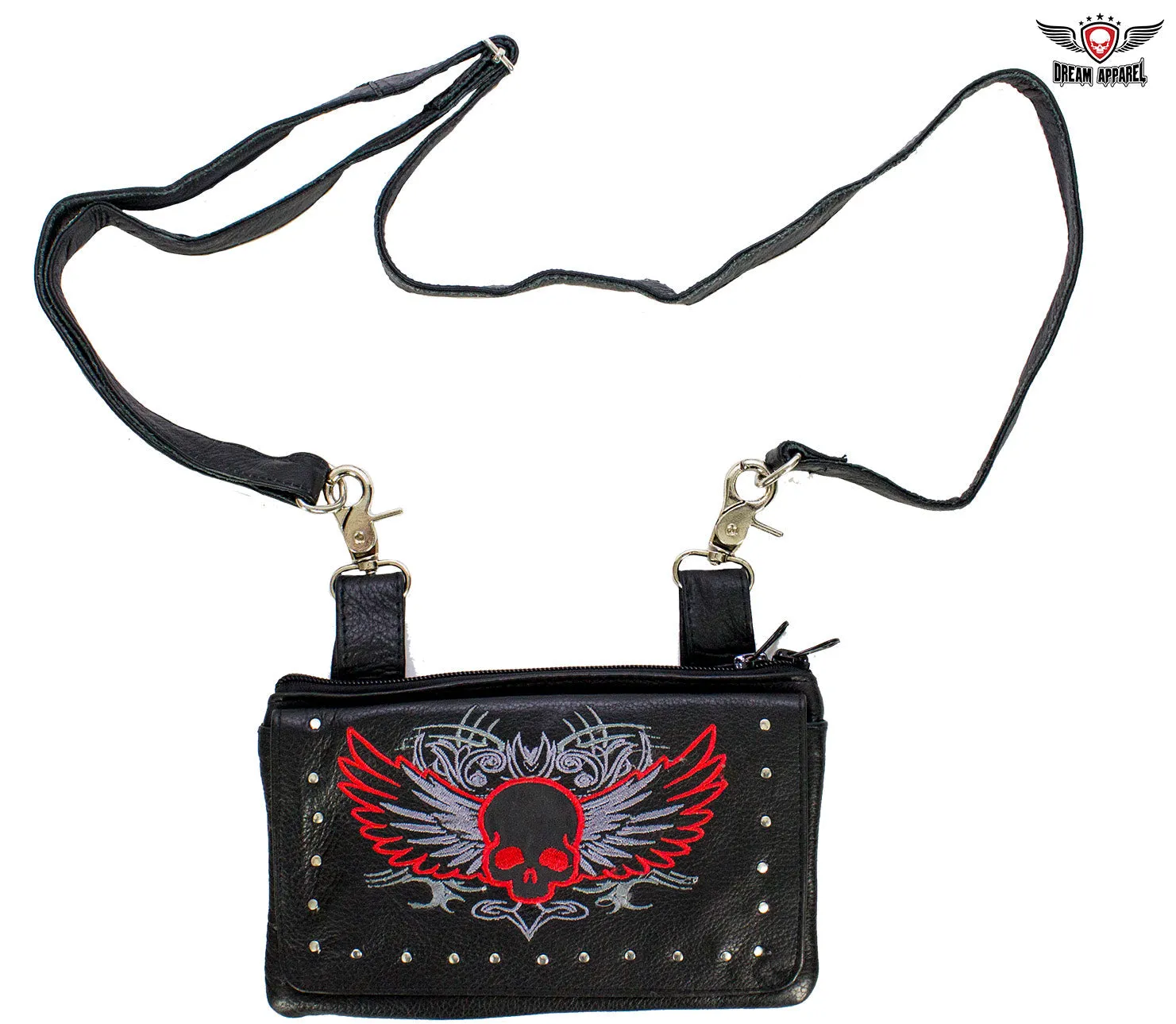 Studded Naked Cowhide Leather Red Skull Belt Bag