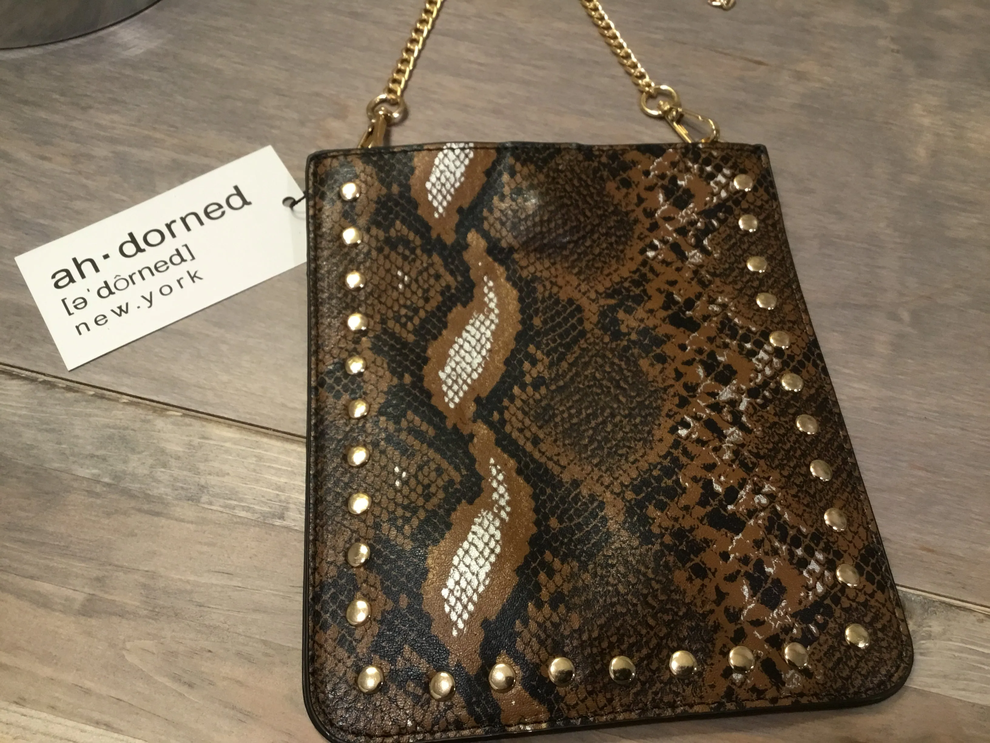 STUDDED VEGAN CROSS BODY PHONE HOLDER & CHAIN - Camel Python With Gold Studs & Chain