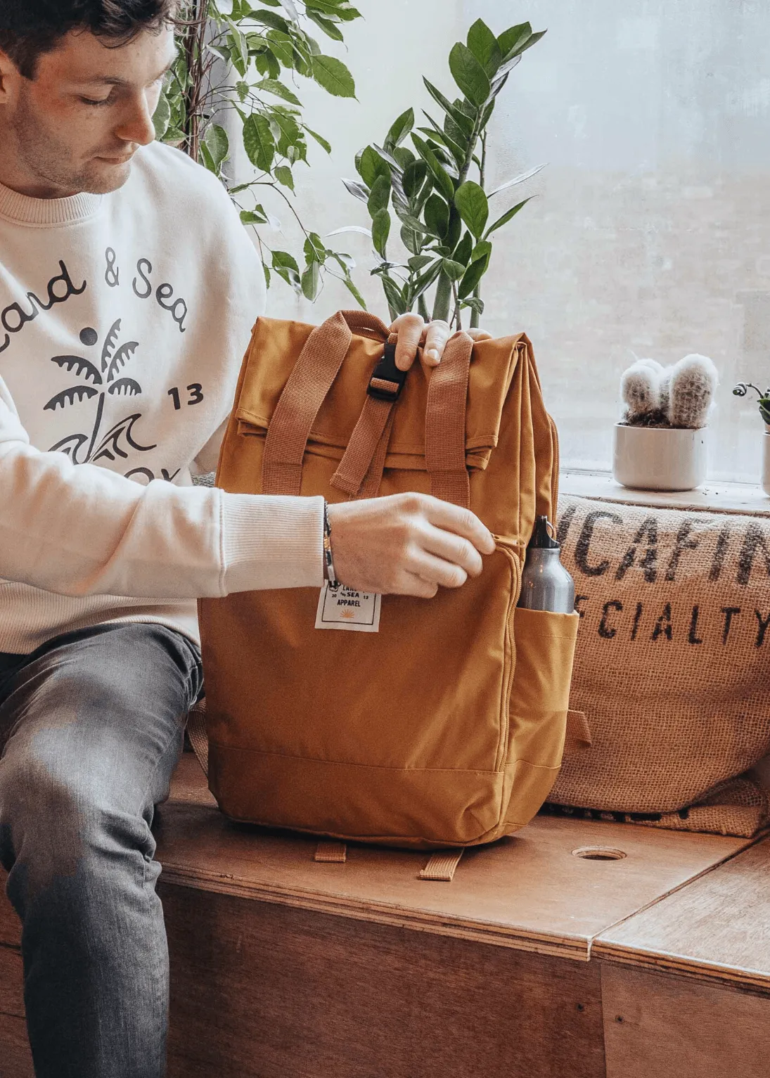 'The Traveller' Recycled Laptop Backpack in Mustard