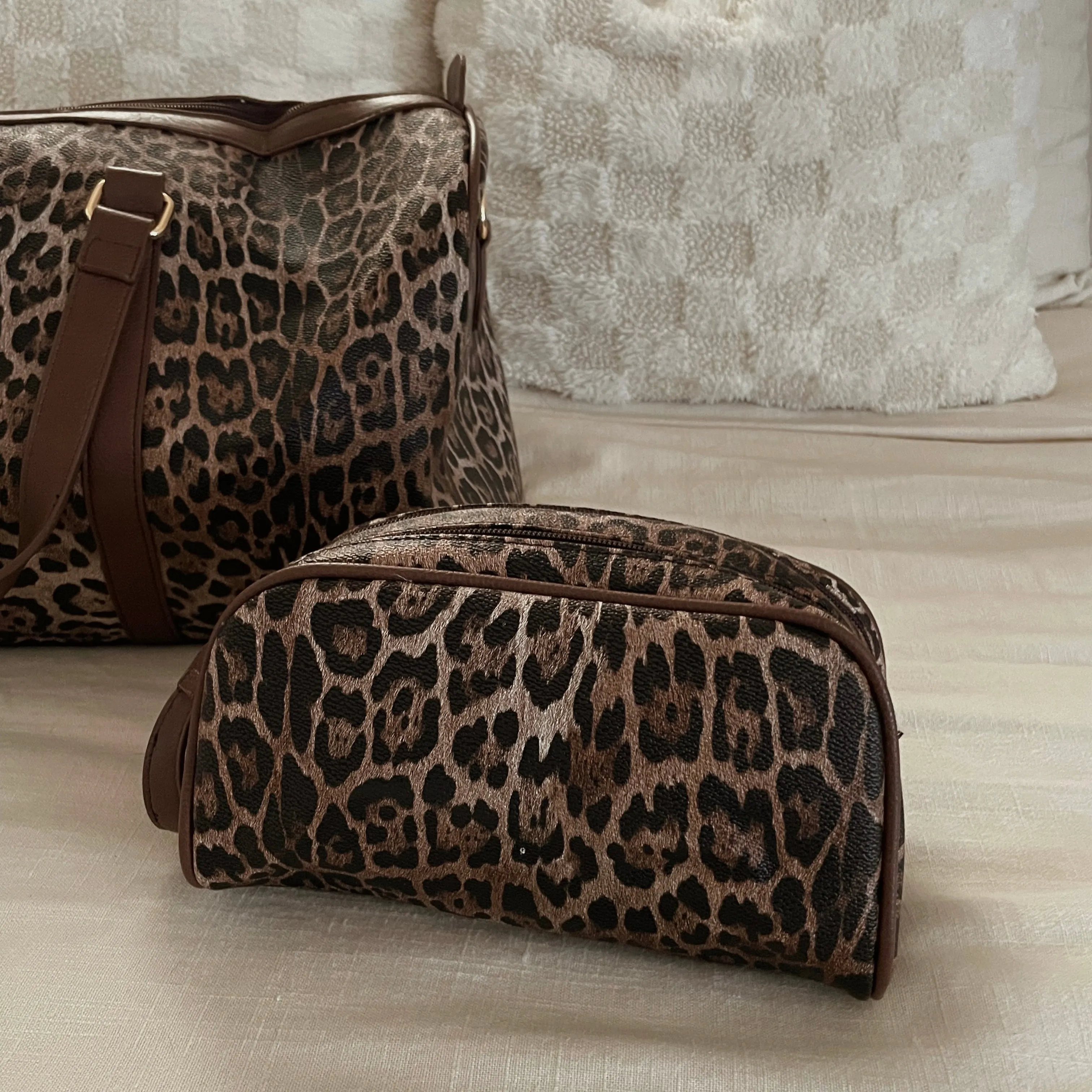 The Weekender Leopard Duffle Bag Set - Brown