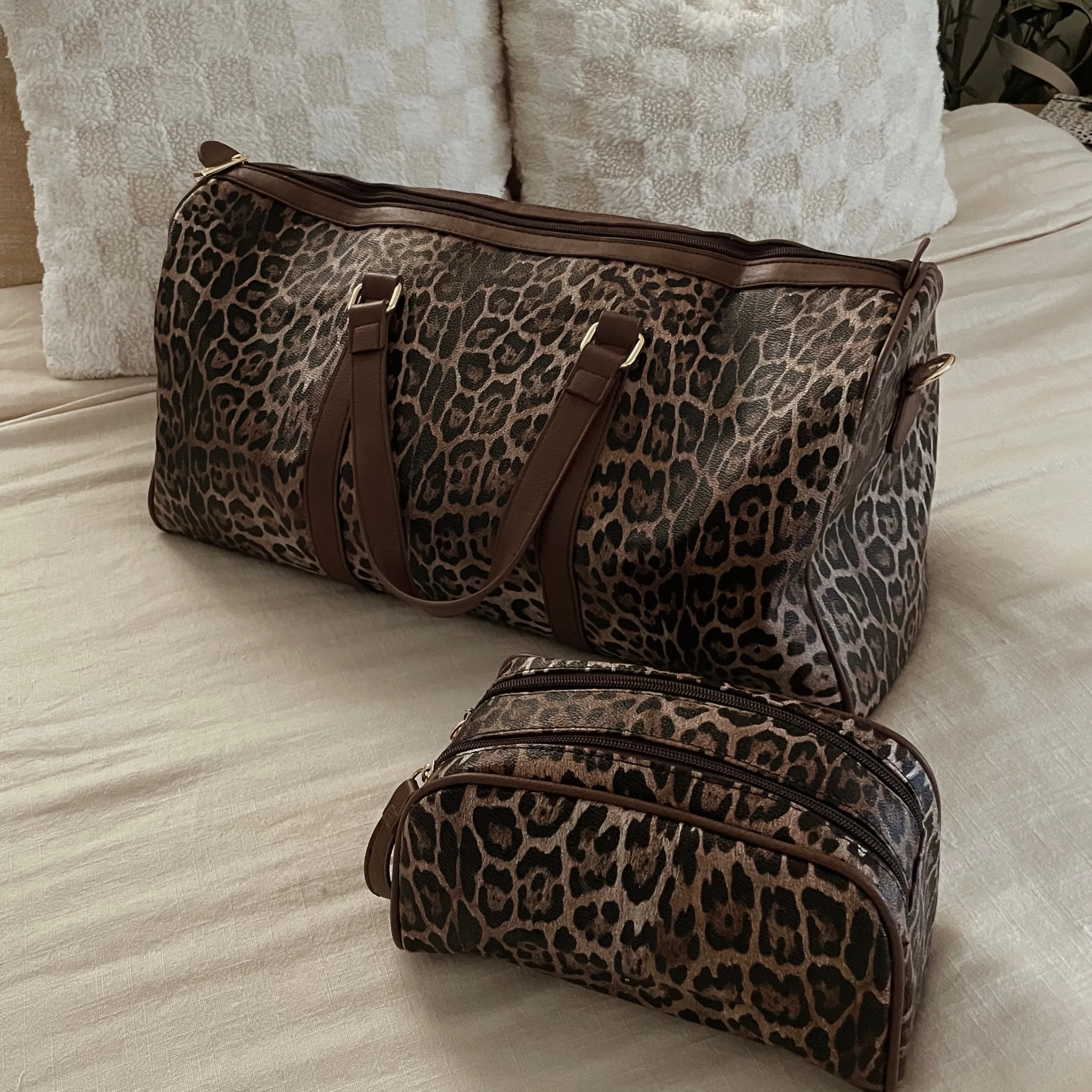 The Weekender Leopard Duffle Bag Set - Brown