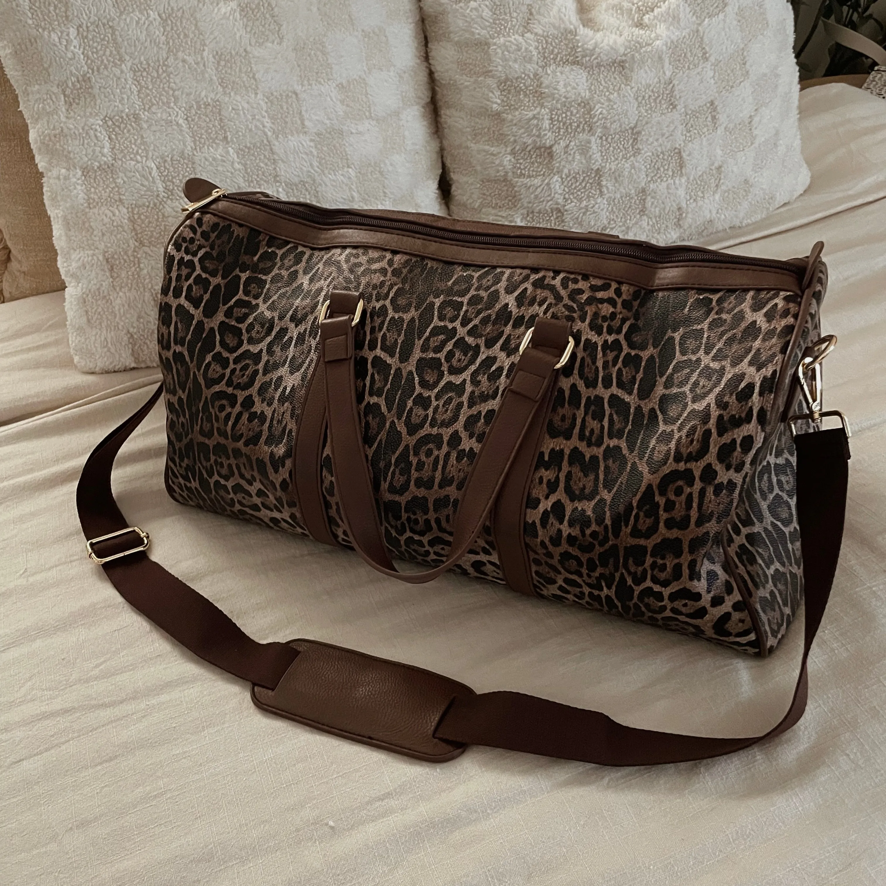 The Weekender Leopard Duffle Bag Set - Brown