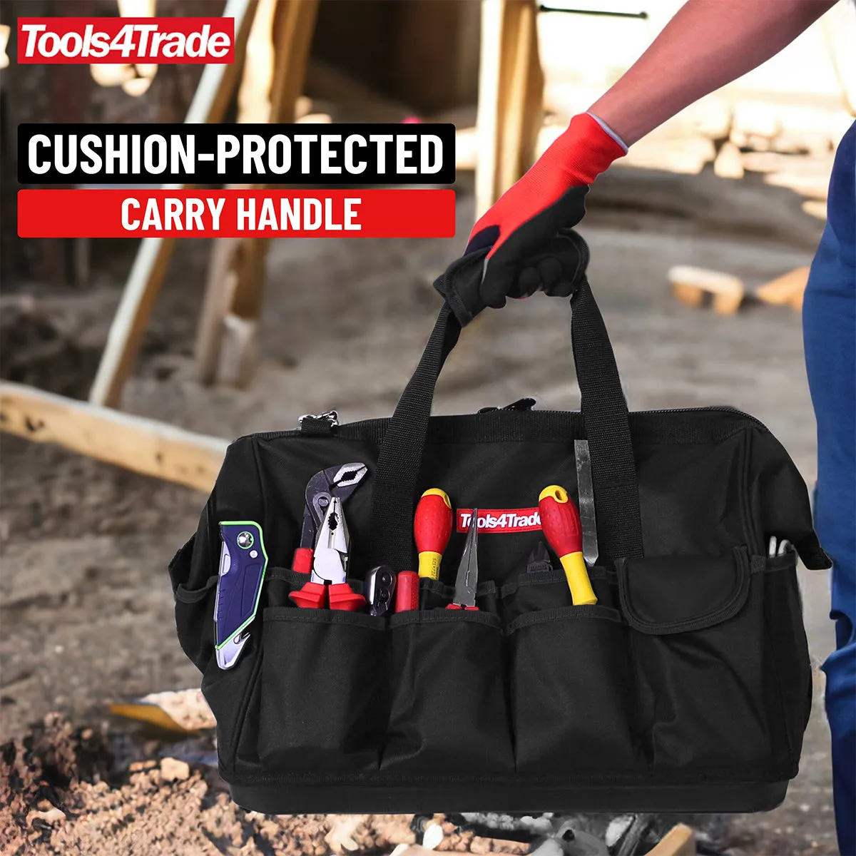 Tools4Trade 18" (45cm) Tool Bag with Multi-Pockets & Hard Base - Black