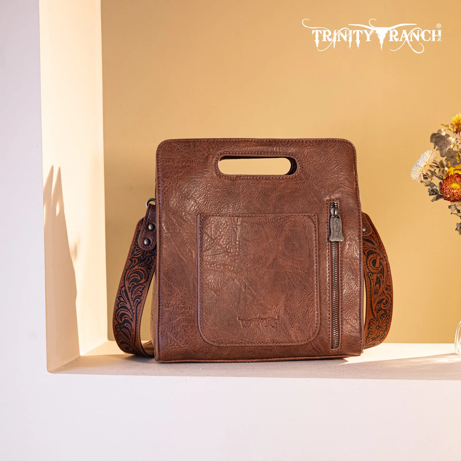 TR173G-A9360  Trinity Ranch Hair-On Cowhide Floral Tooled  Concealed Carry Crossbody Bag - Brown