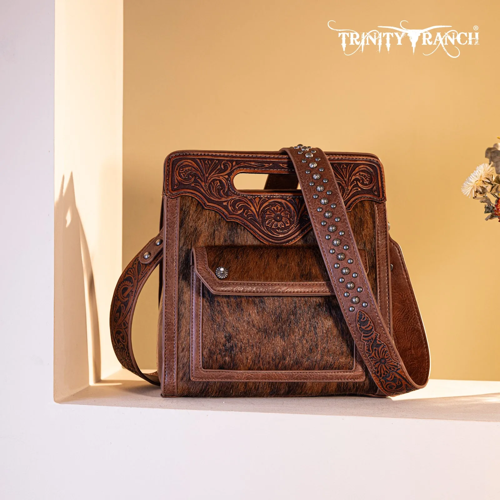 TR173G-A9360  Trinity Ranch Hair-On Cowhide Floral Tooled  Concealed Carry Crossbody Bag - Brown