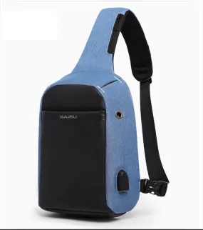 Waterproof Crossbody Bag with USB- Blue