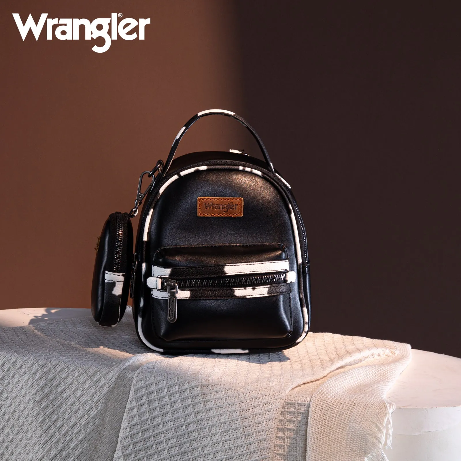 WG102-8600  Wrangler Cow Print Trimmed Mini Backpack With Coin Pouch - Black