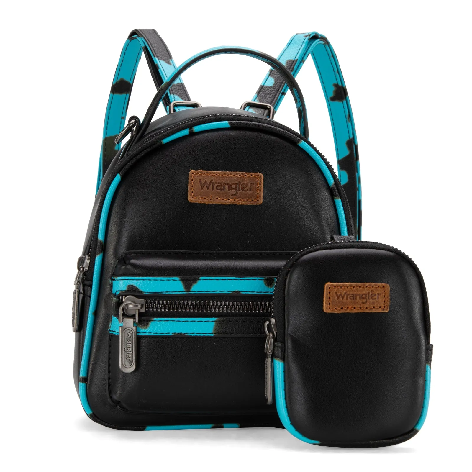 WG102-8600  Wrangler Cow Print  Trimmed Mini Backpack With Coin Pouch - Turquoise