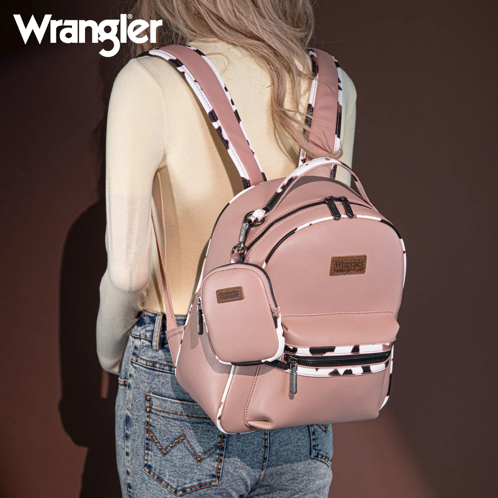 WG102-8603  Wrangler  Cow Print Backpack With Coin Pouch - Pink