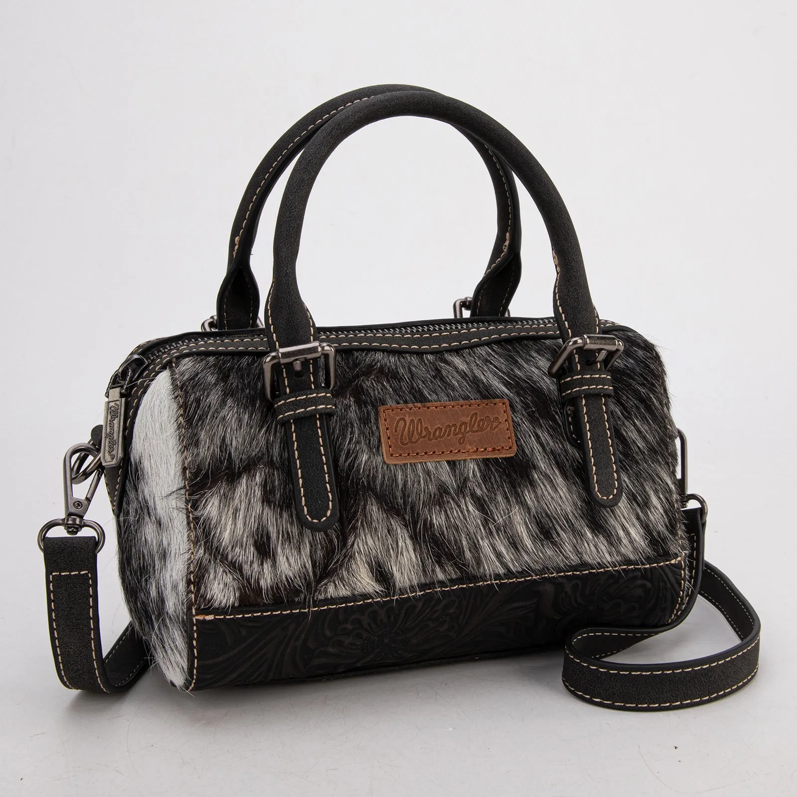 WG169-2025  Wrangler Genuine Hair-On Cowhide Barrel Bag/Crossbody - Black