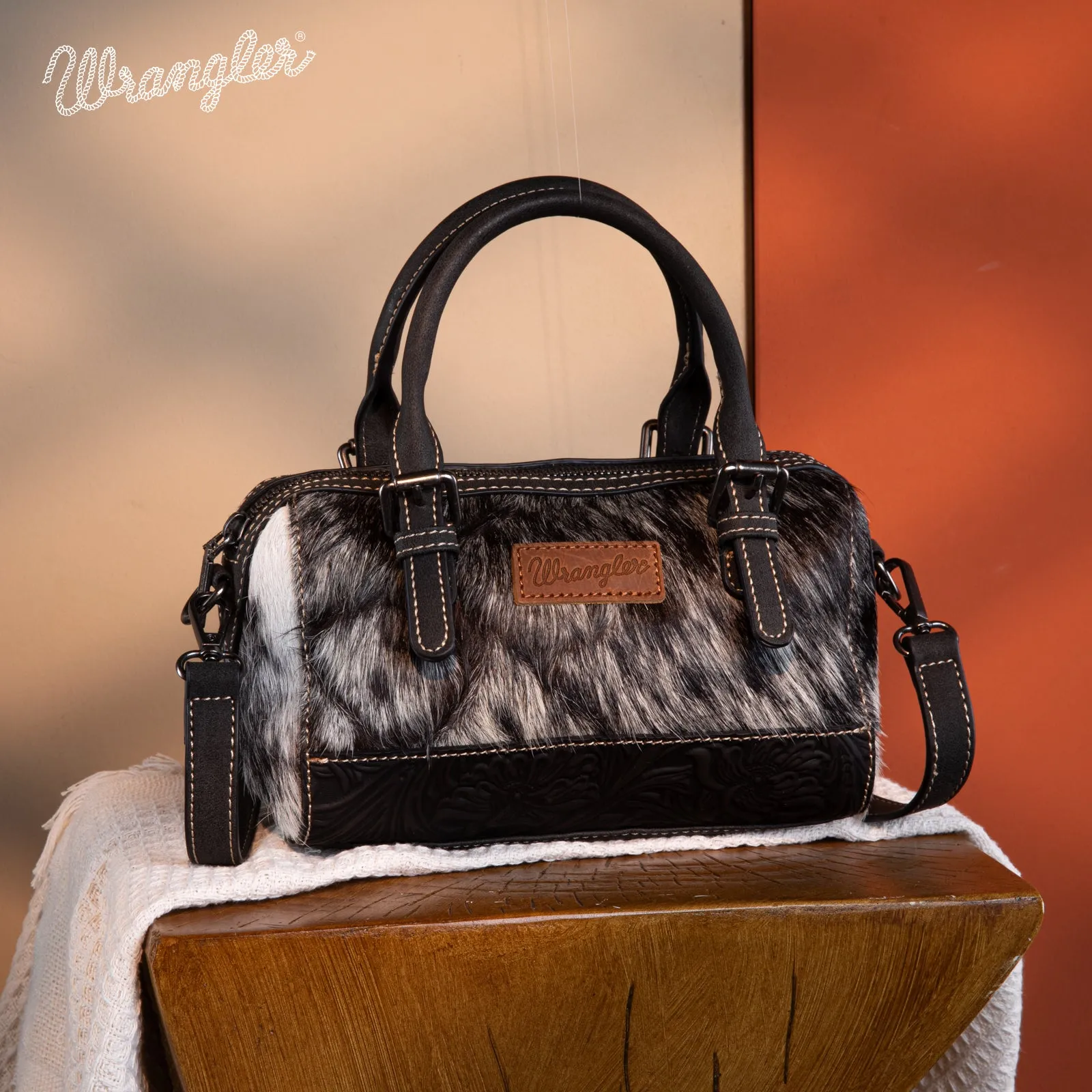 WG169-2025  Wrangler Genuine Hair-On Cowhide Barrel Bag/Crossbody - Black