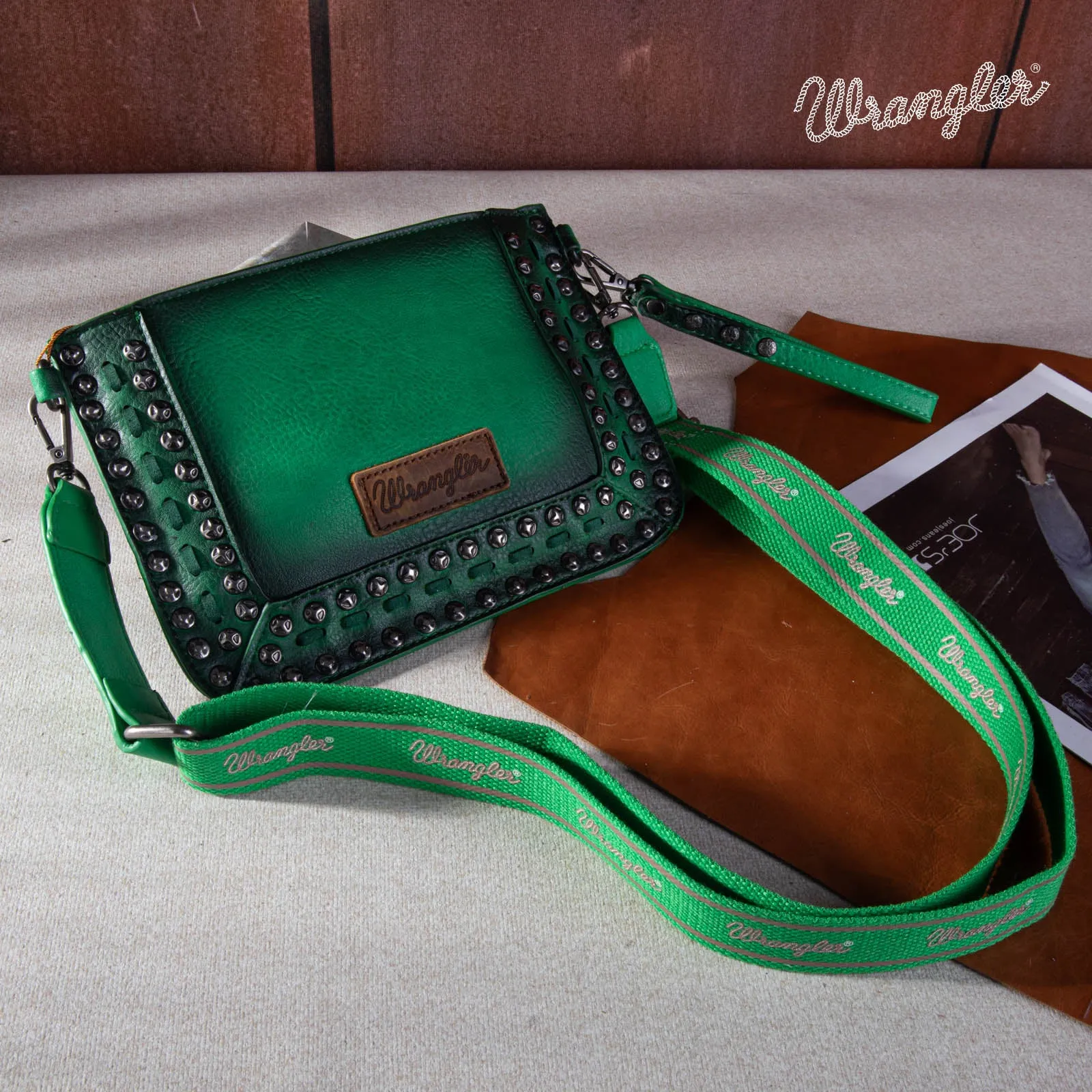 WG65-2004S  Wrangler Rivets Studded Wristlet/ Crossbody - Green