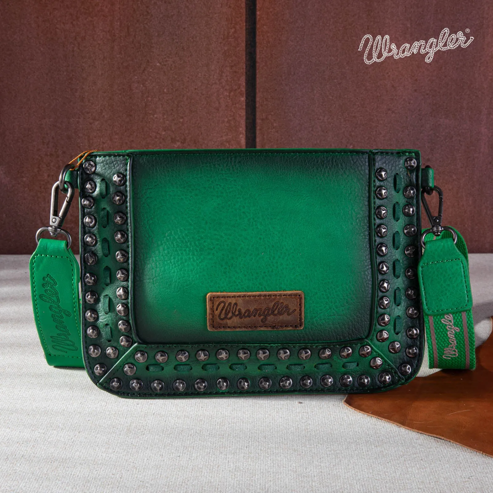 WG65-2004S  Wrangler Rivets Studded Wristlet/ Crossbody - Green