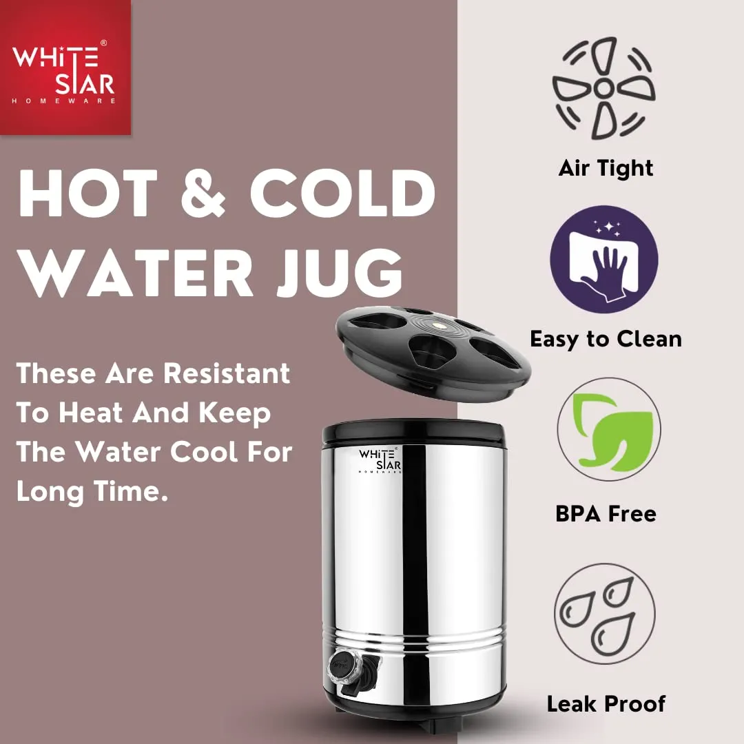 WHITESTAR Double Walled Stainless Steel Hot Tea/Water Thermos for Office Home Kitchen, 10 Liter-Silver, PUF Insulated Hot and Cold Water Dispenser with Leak Proof Tap I Durable & Sturdy Base