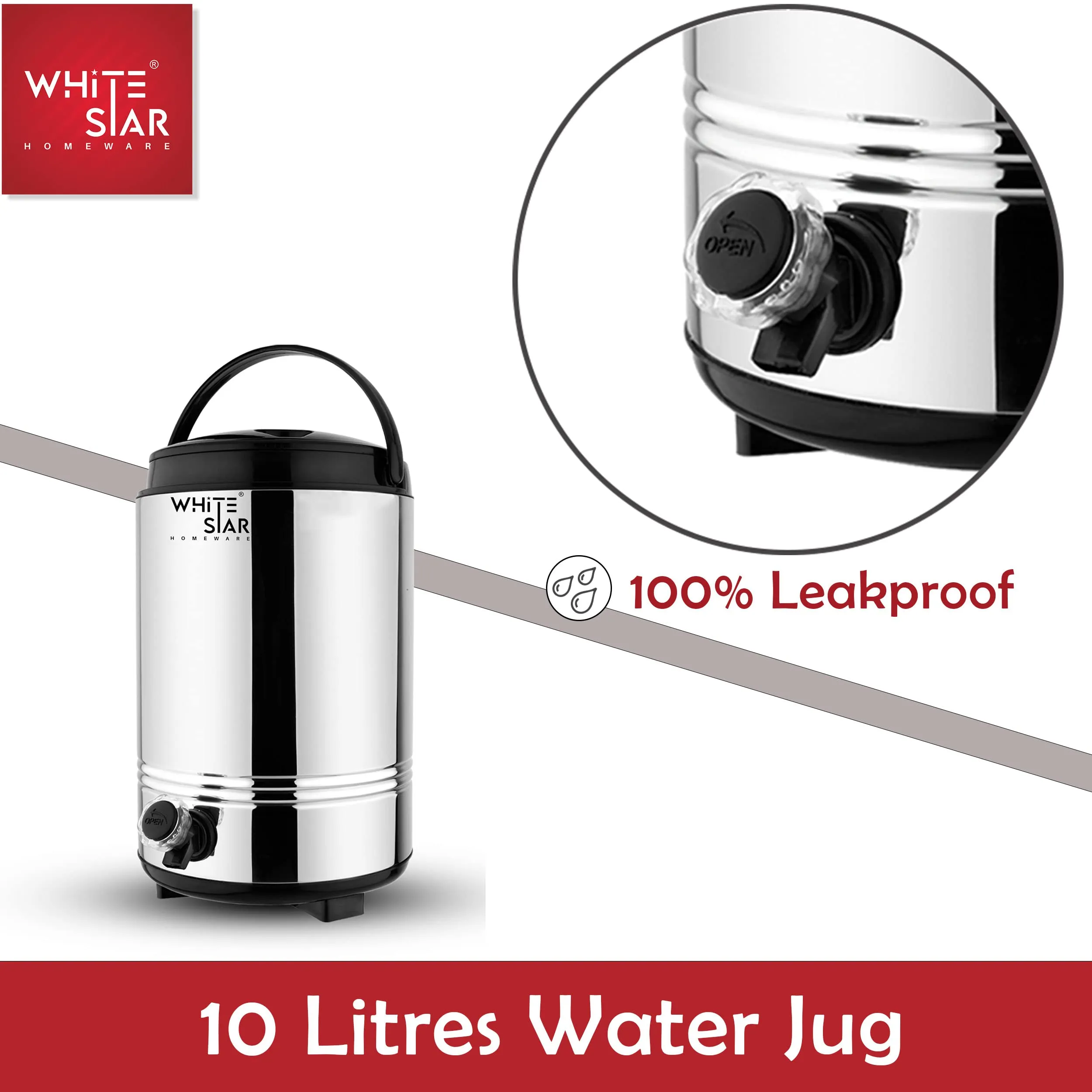 WHITESTAR Double Walled Stainless Steel Hot Tea/Water Thermos for Office Home Kitchen, 10 Liter-Silver, PUF Insulated Hot and Cold Water Dispenser with Leak Proof Tap I Durable & Sturdy Base