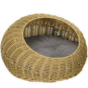 Wicker Cat House with Washable Cushion for Indoor Cats, Light Brown