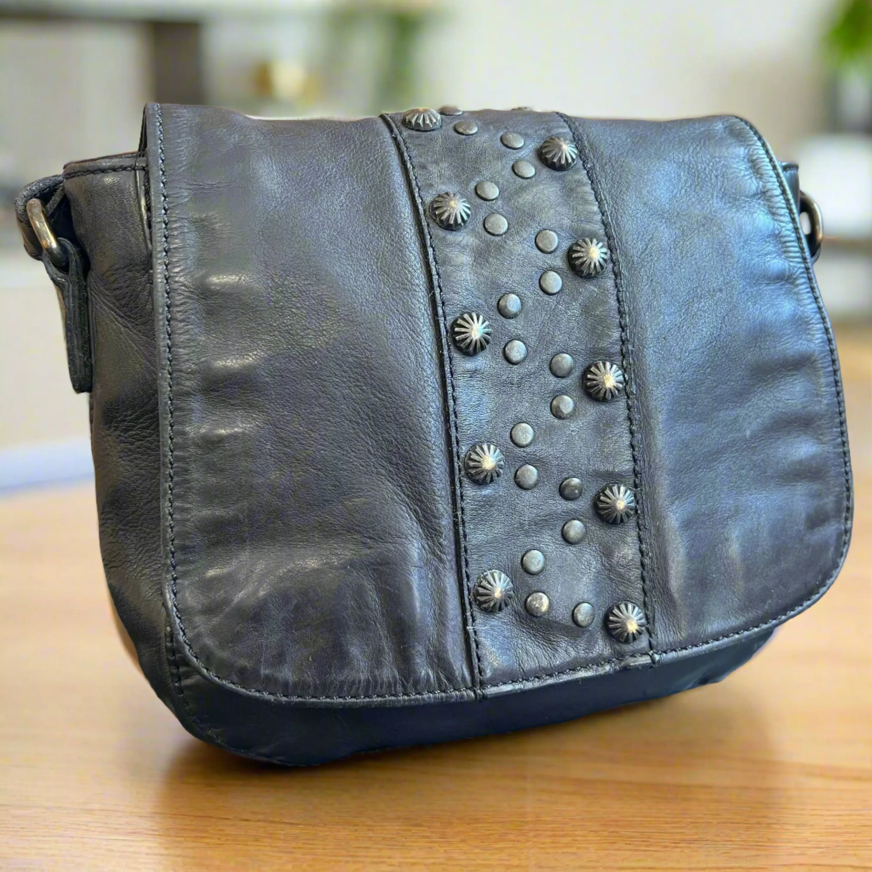 Women's Leather Crossbody with Zig-Zag Studs Saddle Bag